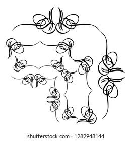 Decorative monograms and calligraphic borders. Template signage, logos, labels, stickers, cards. Graphic design page. Classic design elements for wedding invitations.