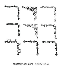  Decorative monograms and calligraphic borders. Template signage, logos, labels, stickers, cards. Graphic design page. Classic design elements for wedding invitations.