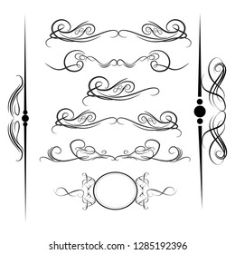  Decorative monograms and calligraphic borders. Template signage, logos, labels, stickers, cards. Graphic design page. Classic design elements for wedding invitations.