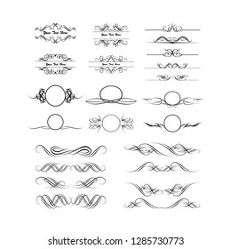 
 Decorative monograms and calligraphic borders. Template signage, logos, labels, stickers, cards. Graphic design page. Classic design elements for wedding invitations.