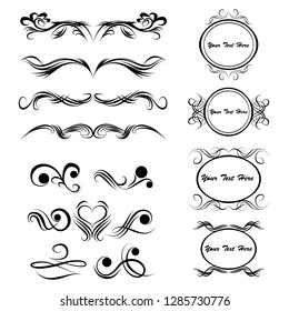  Decorative monograms and calligraphic borders. Template signage, logos, labels, stickers, cards. Graphic design page. Classic design elements for wedding invitations.