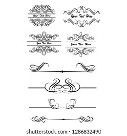  Decorative monograms and calligraphic borders. Template signage, logos, labels, stickers, cards. Graphic design page. Classic design elements for wedding invitations.