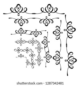  Decorative monograms and calligraphic borders. Template signage, logos, labels, stickers, cards. Graphic design page. Classic design elements for wedding invitations.