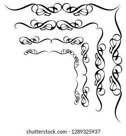 Decorative monograms and calligraphic borders. Template signage, logos, labels, stickers, cards. Graphic design page. Classic design elements for wedding invitations.