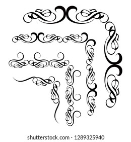 Decorative monograms and calligraphic borders. Template signage, logos, labels, stickers, cards. Graphic design page. Classic design elements for wedding invitations.