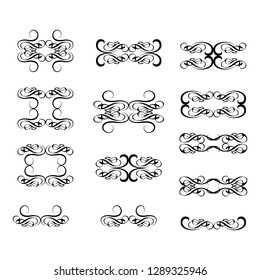 Decorative monograms and calligraphic borders. Template signage, logos, labels, stickers, cards. Graphic design page. Classic design elements for wedding invitations.