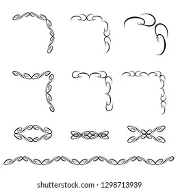  Decorative monograms and calligraphic borders. Template signage, logos, labels, stickers, cards. Graphic design page. Classic design elements for wedding invitations.