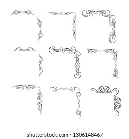  Dekorative Monogramme und kalligraphische Ränder. Vorlagensignatur, Logos, Etiketten, Aufkleber, Karten. Grafikdesign-Seite. Klassische Design-Elemente für Hochzeitseinladungen.