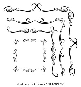  Decorative monograms and calligraphic borders. Template signage, logos, labels, stickers, cards. Graphic design page. Classic design elements for wedding invitations.