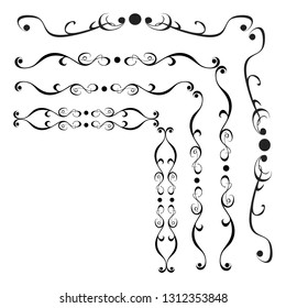  Decorative monograms and calligraphic borders. Template signage, logos, labels, stickers, cards. Graphic design page. Classic design elements for wedding invitations.