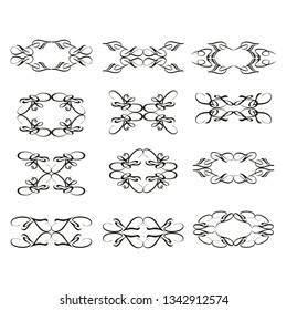 Decorative monograms and calligraphic borders. Template signage, logos, labels, stickers, cards. Graphic design page. Classic design elements for wedding invitations.