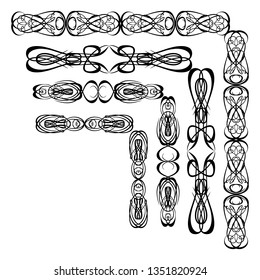 
 Decorative monograms and calligraphic borders. Template signage, logos, labels, stickers, cards. Graphic design page. Classic design elements for wedding invitations.
