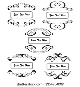  Decorative monograms and calligraphic borders. Template signage, logos, labels, stickers, cards. Graphic design page. Classic design elements for wedding invitations