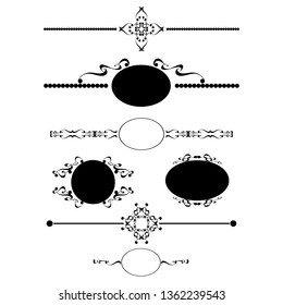 Decorative monograms and calligraphic borders. Template signage, logos, labels, stickers, cards. Graphic design page. Classic design elements for wedding invitations.