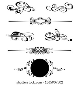 
 Decorative monograms and calligraphic borders. Template signage, logos, labels, stickers, cards. Graphic design page. Classic design elements for wedding invitations.