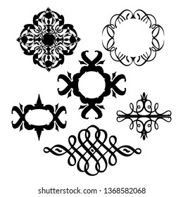  Decorative monograms and calligraphic borders. Template signage, logos, labels, stickers, cards. Graphic design page. Classic design elements for wedding invitations.