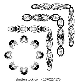  Decorative monograms and calligraphic borders. Template signage, logos, labels, stickers, cards. Graphic design page. Classic design elements for wedding invitations.