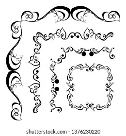 
 Decorative monograms and calligraphic borders. Template signage, logos, labels, stickers, cards. Graphic design page. Classic design elements for wedding invitations