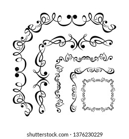 
 Decorative monograms and calligraphic borders. Template signage, logos, labels, stickers, cards. Graphic design page. Classic design elements for wedding invitations