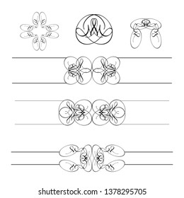  Decorative monograms and calligraphic borders. Template signage, logos, labels, stickers, cards. Graphic design page. Classic design elements for wedding invitations.