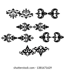 Decorative monograms and calligraphic borders. Template signage, logos, labels, stickers, cards. Graphic design page. Classic design elements for wedding invitations.