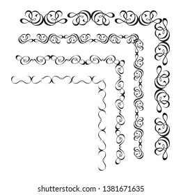 Decorative monograms and calligraphic borders. Template signage, logos, labels, stickers, cards. Graphic design page. Classic design elements for wedding invitations.