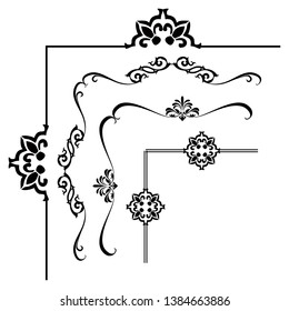 Decorative monograms and calligraphic borders. Template signage, logos, labels, stickers, cards. Graphic design page. Classic design elements for wedding invitations.