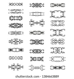 Decorative monograms and calligraphic borders. Template signage, logos, labels, stickers, cards. Graphic design page. Classic design elements for wedding invitations.