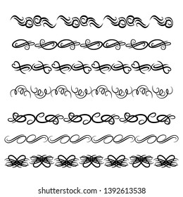 Decorative monograms and calligraphic borders. Template signage, logos, labels, stickers, cards. Graphic design page. Classic design elements for wedding invitations