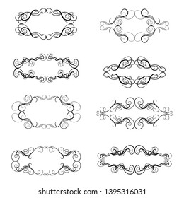  Decorative monograms and calligraphic borders. Template signage, logos, labels, stickers, cards. Graphic design page. Classic design elements for wedding invitations