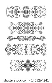 Decorative monograms and calligraphic borders. 
Template signage, logos, labels, stickers, cards. Graphic design page.
 Classic design elements for wedding invitations.