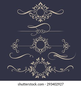 Decorative monograms and calligraphic borders. Template signage, logos, labels, stickers, cards. Graphic design page. Classic design elements for wedding invitations.