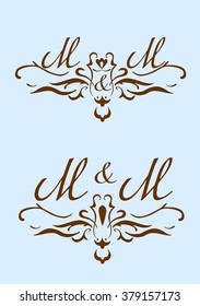 Decorative monograms and calligraphic borders. Template signage, logos, labels, stickers, cards. Classic design elements for wedding invitations.