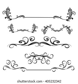 Decorative monograms and calligraphic borders. Template signage, logos, labels, stickers, cards. Graphic design page. Classic design elements for wedding invitations.