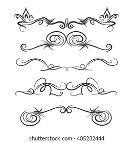 Decorative monograms and calligraphic borders. Template signage, logos, labels, stickers, cards. Graphic design page. Classic design elements for wedding invitations.