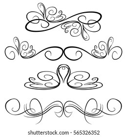 Decorative monograms and calligraphic borders. Template signage, logos, labels, stickers, cards. Graphic design page. Classic design elements for wedding invitations.