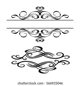 Decorative monograms and calligraphic borders. Template signage, logos, labels, stickers, cards. Graphic design page. Classic design elements for wedding invitations.