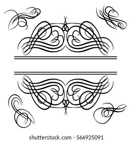 Decorative monograms and calligraphic borders. Template signage, logos, labels, stickers, cards. Graphic design page. Classic design elements for wedding invitations.