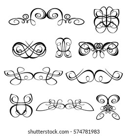 Decorative monograms and calligraphic borders. Template signage, logos, labels, stickers, cards. Graphic design page. Classic design elements for wedding invitations.