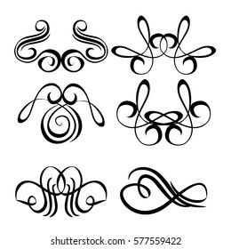Decorative monograms and calligraphic borders. Template signage, logos, labels, stickers, cards. Graphic design page. Classic design elements for wedding invitations.