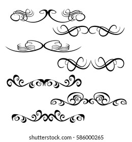 Decorative monograms and calligraphic borders. Template signage, logos, labels, stickers, cards. Graphic design page. Classic design elements for wedding invitations.