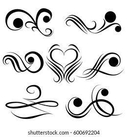 Decorative monograms and calligraphic borders. Template signage, logos, labels, stickers, cards. Graphic design page. Classic design elements for wedding invitations