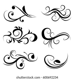 Decorative monograms and calligraphic borders. Template signage, logos, labels, stickers, cards. Graphic design page. Classic design elements for wedding invitations