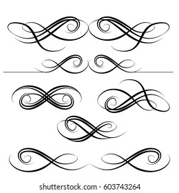 Decorative monograms and calligraphic borders. Template signage, logos, labels, stickers, cards. Graphic design page. Classic design elements for wedding invitations