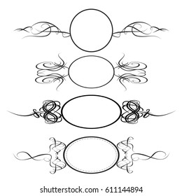 Decorative monograms and calligraphic borders. Template signage, logos, labels, stickers, cards. Graphic design page. Classic design elements for wedding invitations.