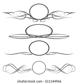 Decorative monograms and calligraphic borders. Template signage, logos, labels, stickers, cards. Graphic design page. Classic design elements for wedding invitations.