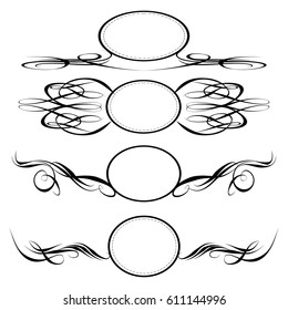Decorative monograms and calligraphic borders. Template signage, logos, labels, stickers, cards. Graphic design page. Classic design elements for wedding invitations.