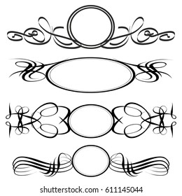 Decorative monograms and calligraphic borders. Template signage, logos, labels, stickers, cards. Graphic design page. Classic design elements for wedding invitations.