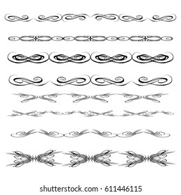 Decorative monograms and calligraphic borders. Template signage, logos, labels, stickers, cards. Graphic design page. Classic design elements for wedding invitations.