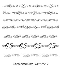 Decorative monograms and calligraphic borders. Template signage, logos, labels, stickers, cards. Graphic design page. Classic design elements for wedding invitations